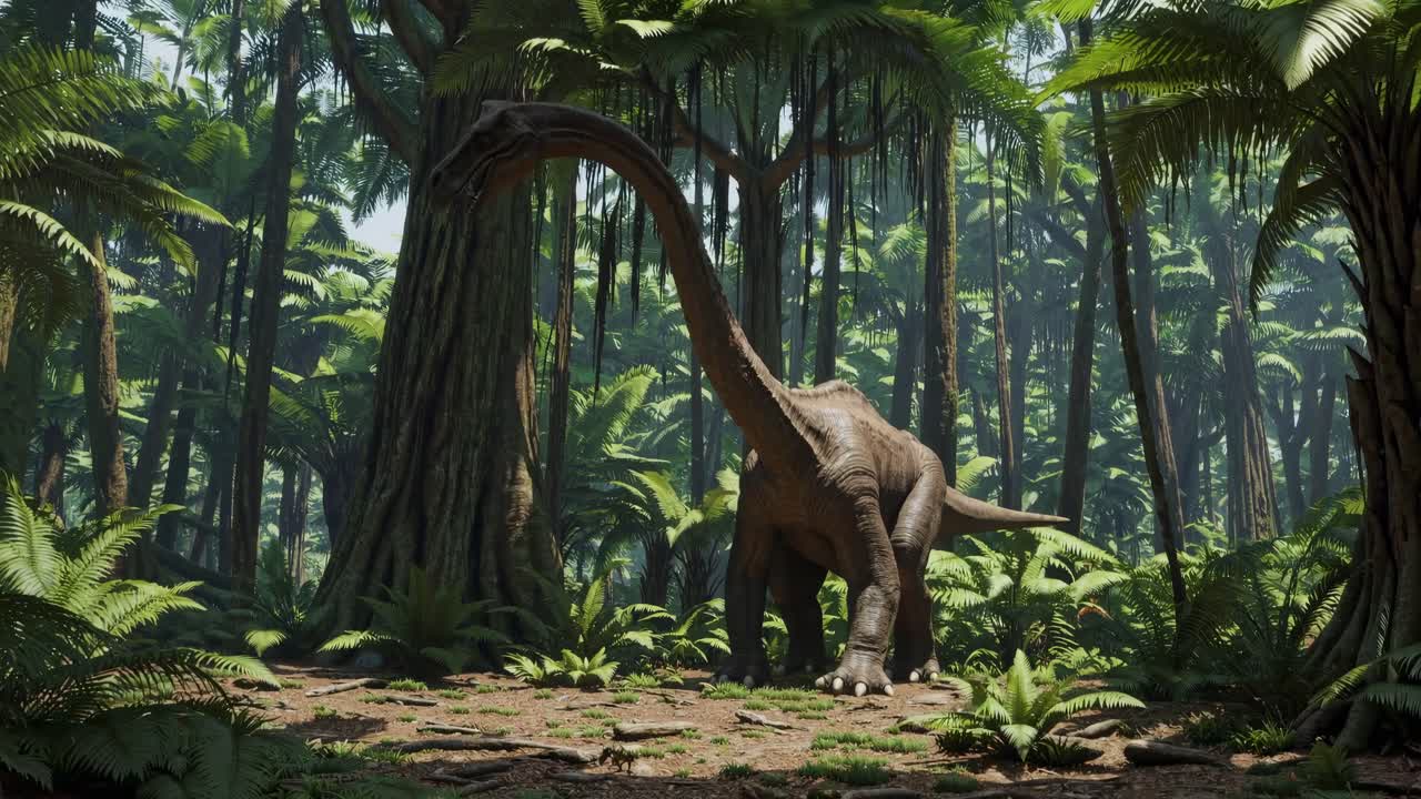 A majestic dinosaur in a lush jungle, captured from a low-angle shot, creating an immersive video