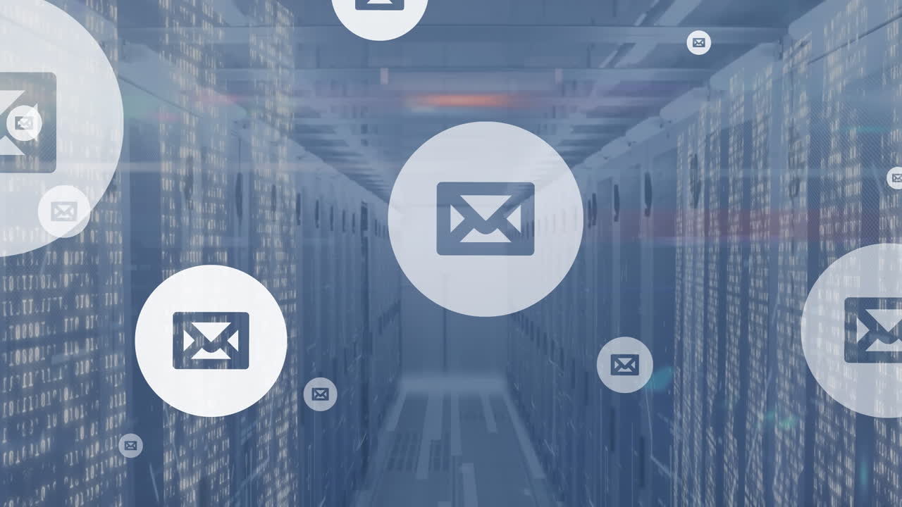 Animation of envelope icons over server room