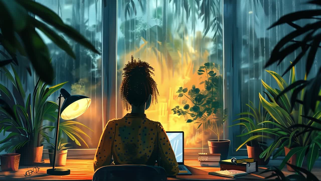 Woman working on laptop by a window with plants