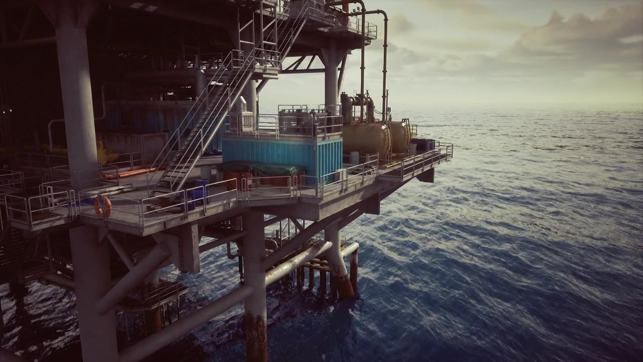 Fredfyldt havudsigt med offshore boreplatform ved solnedgang og teksturerede stålelementer.