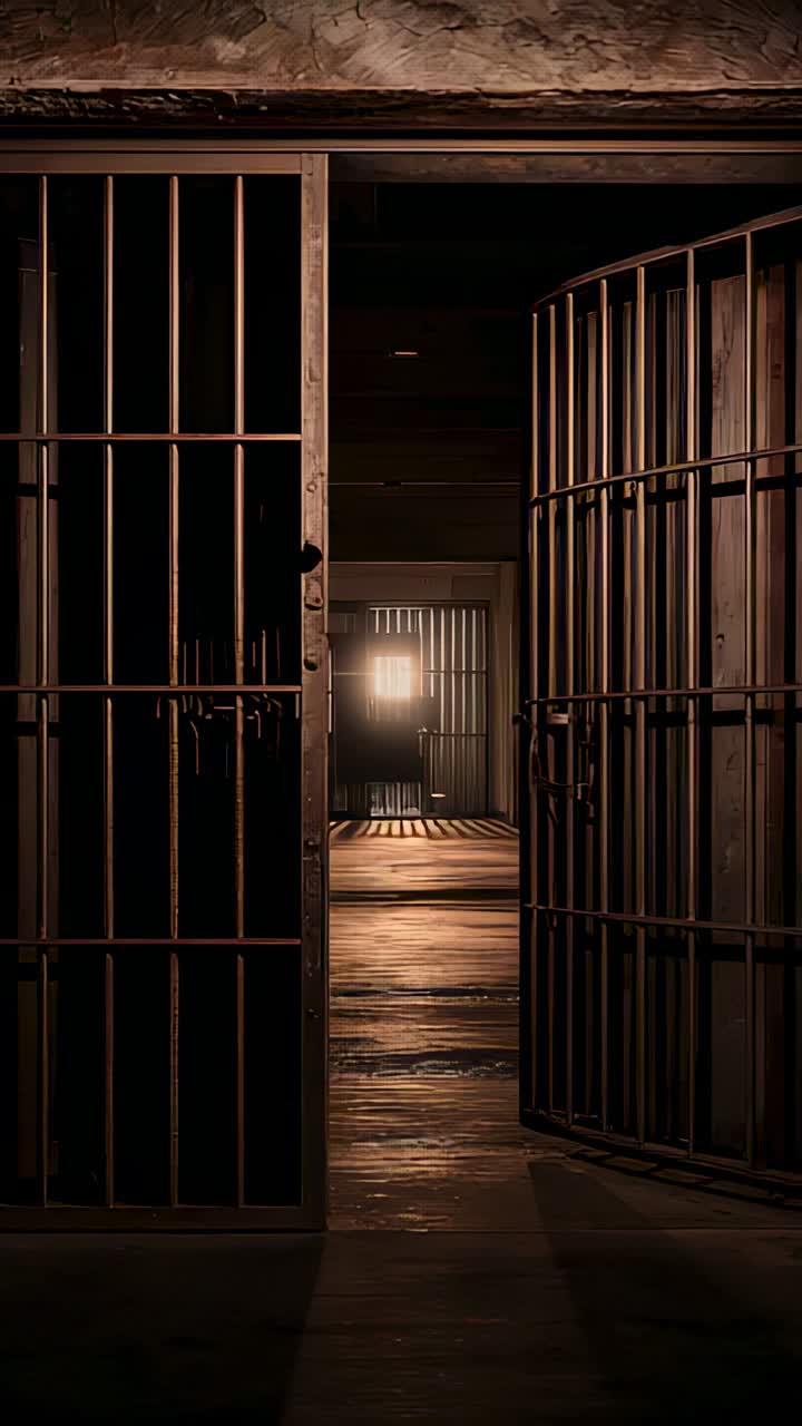 Vertical video: Holding camera outside barred doors at jail framing gate window showing confinement