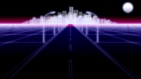 la carretera de la ciudad de la noche 80 bucle de fondo retro 3d render