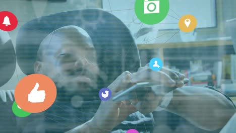web of connections icons against man using smartphone