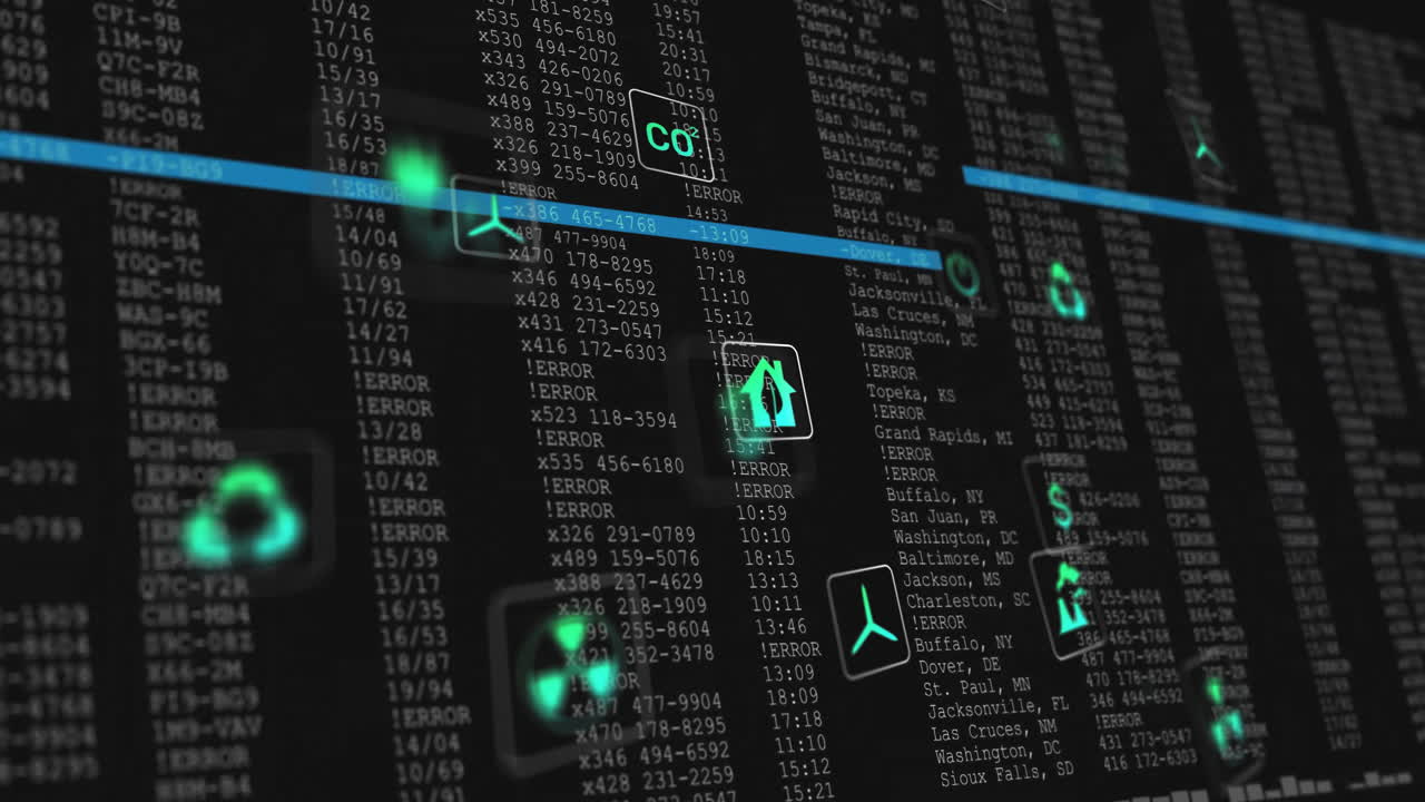 검은색 배경에 에코 아이콘과 데이터 처리의 애니메이션