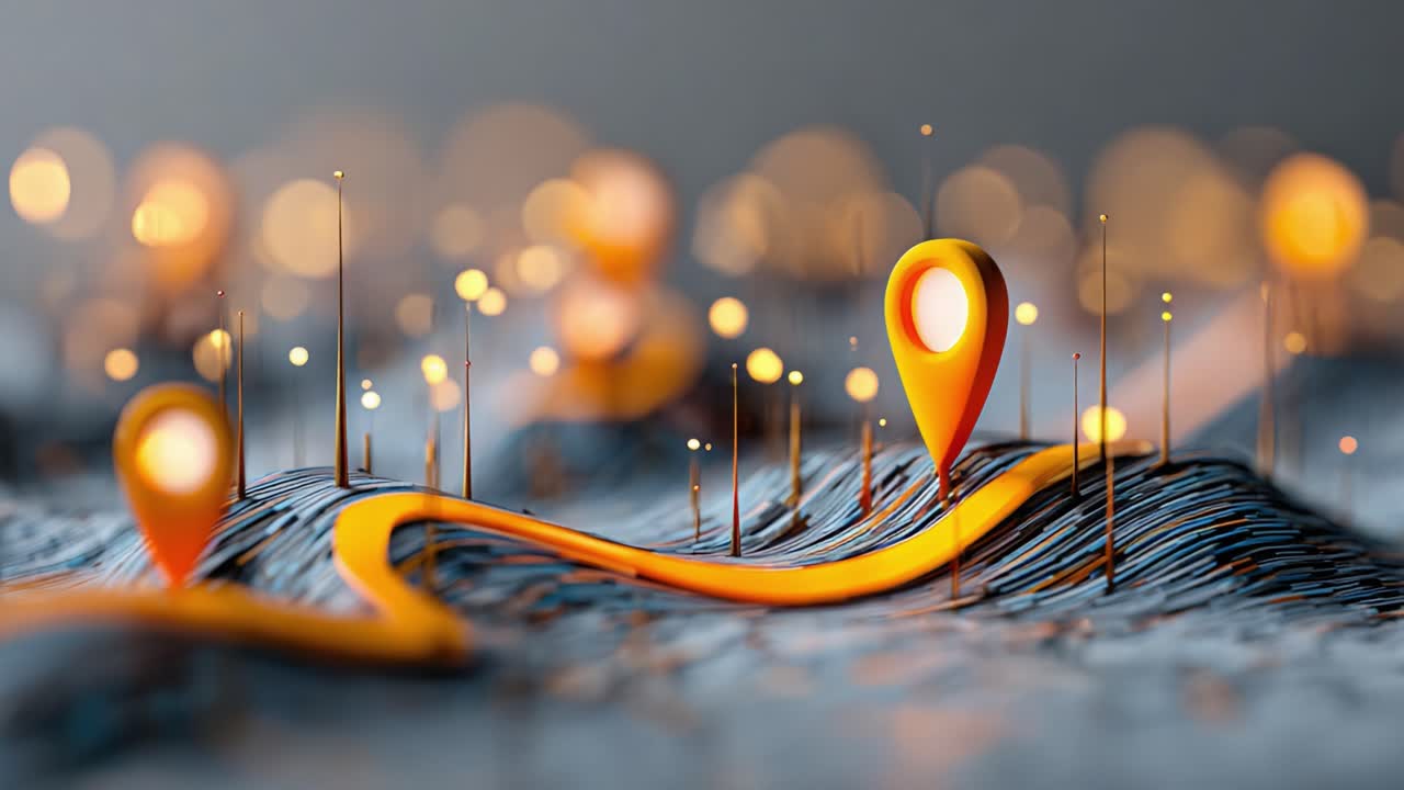 A Visually Striking Representation of an Abstract Pathway with Geolocation Markers, Highlighting Navigation and Connectivity in Digital Environments