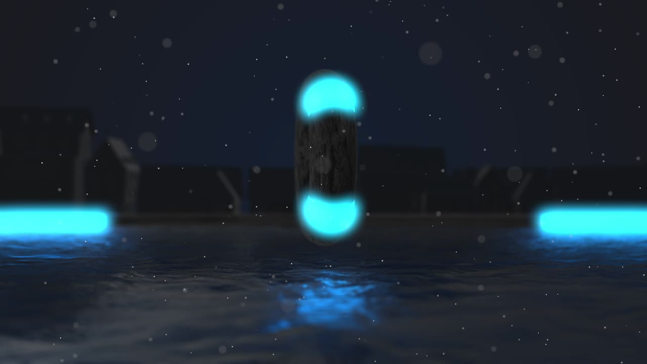 3d 렌더링, 반이는 네온 라이트 베이글, 링, 레이저 쇼, 빈 공간, 에소테릭 에너지, 추상적인 배경, 루프 애니메이션, 자외선 스트럼, 물, 야간 호수 ufo