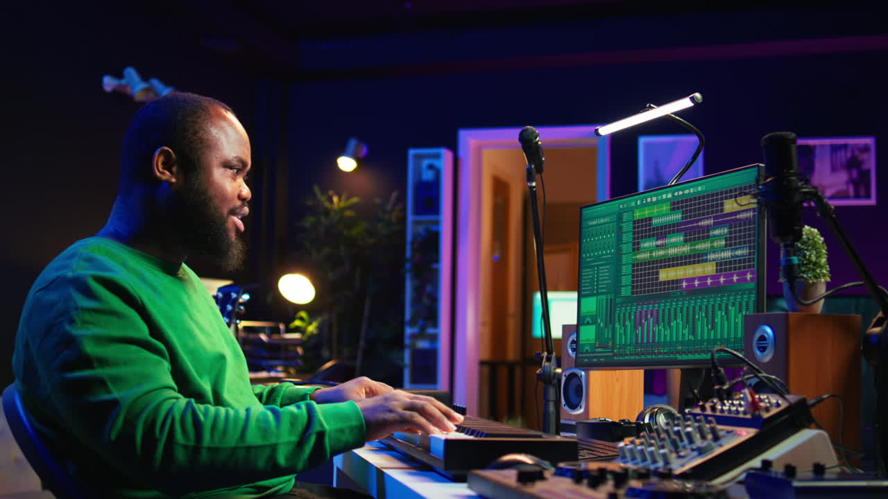 compositor creativo grabando nuevas canciones con micrófono y controlador midi