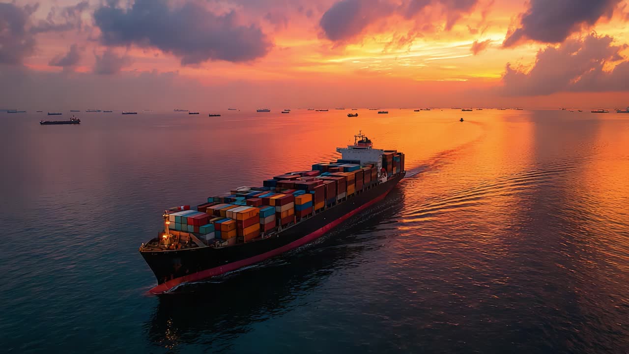 Majestic Cargo Ship Navigating Through Calm Waters at Sunset, Surrounded by Multicolored Container Boxes and a Beautiful Oceanic Horizon Under a Dramatic Sky