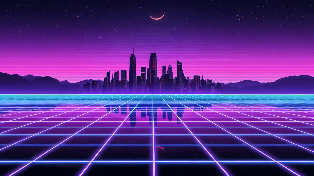 Revealing city skyline brightening on neon grid plane as moon rising and making reflections clearer