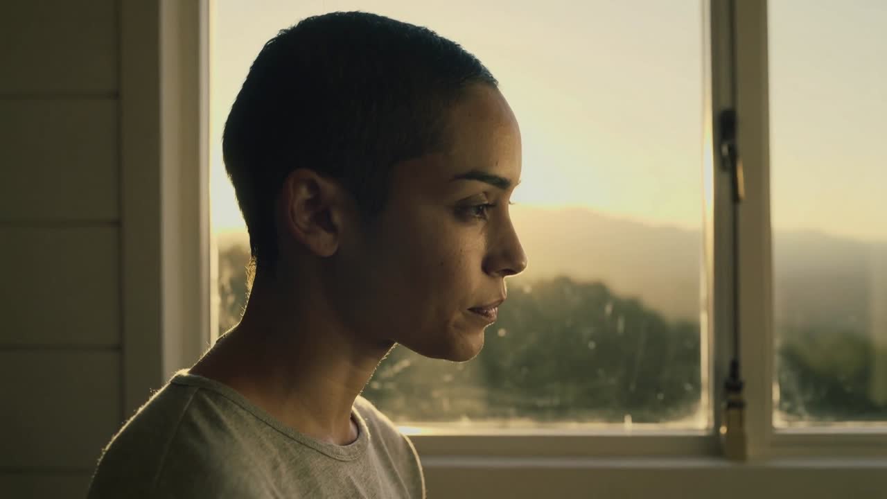 Opening eyes, woman focusing at window from warm light with latch and hills, wearing crewneck tee