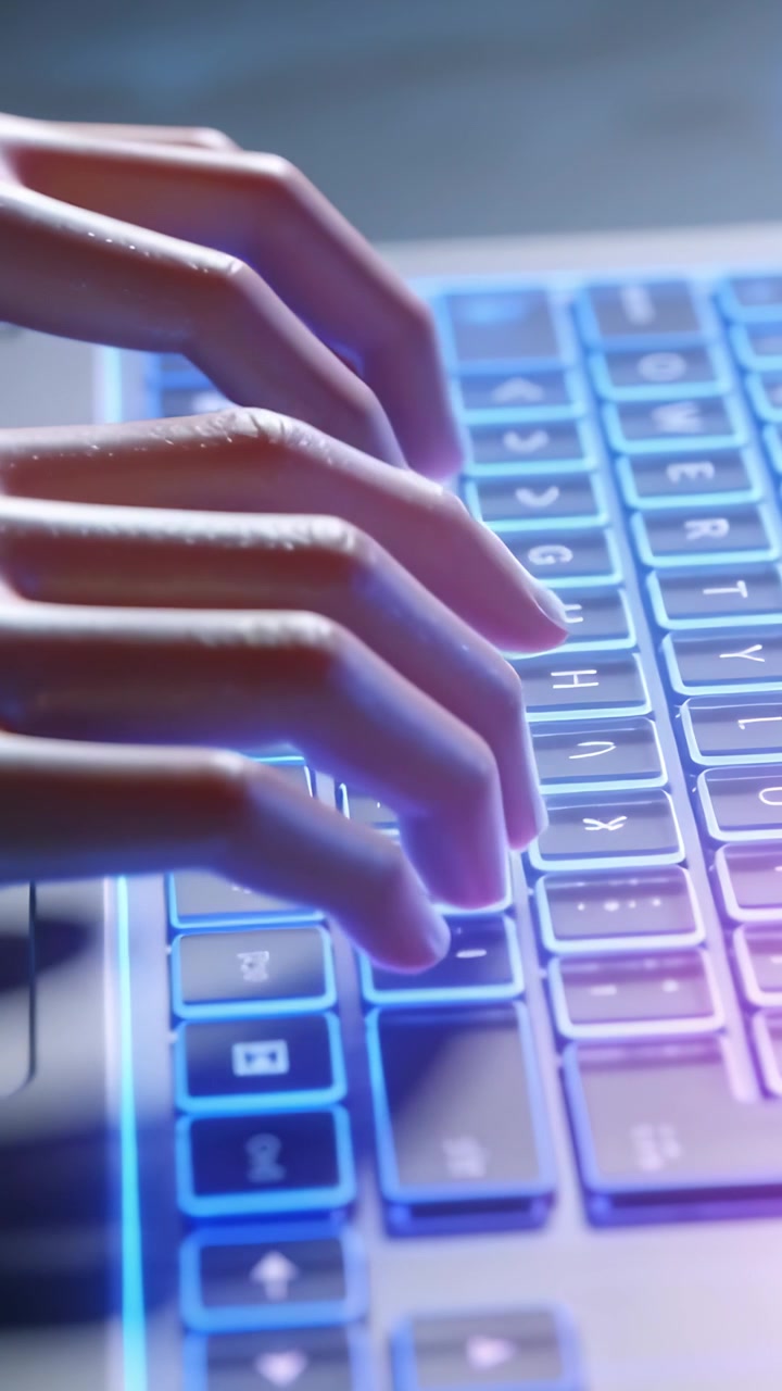 Vertical video: Starting with fingertips resting, adult hands typing on desk RGB-backlit keyboard