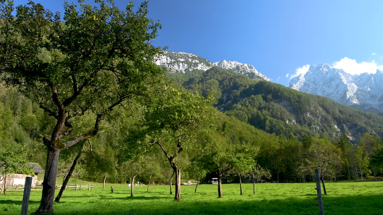 huerto de manzanas en otoño, montañas en el fondo, logarska dolina, eslovenia, pan de izquierda a derecha