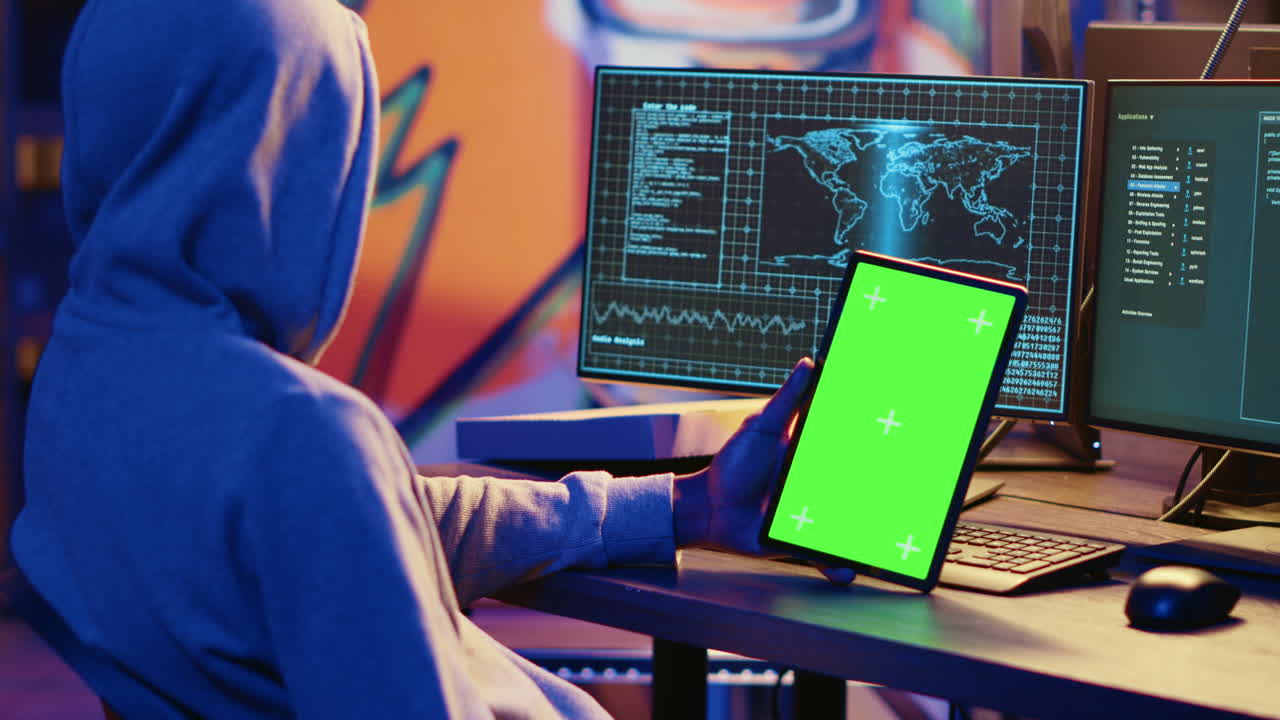 hacker usando vpn en una tableta de mockup