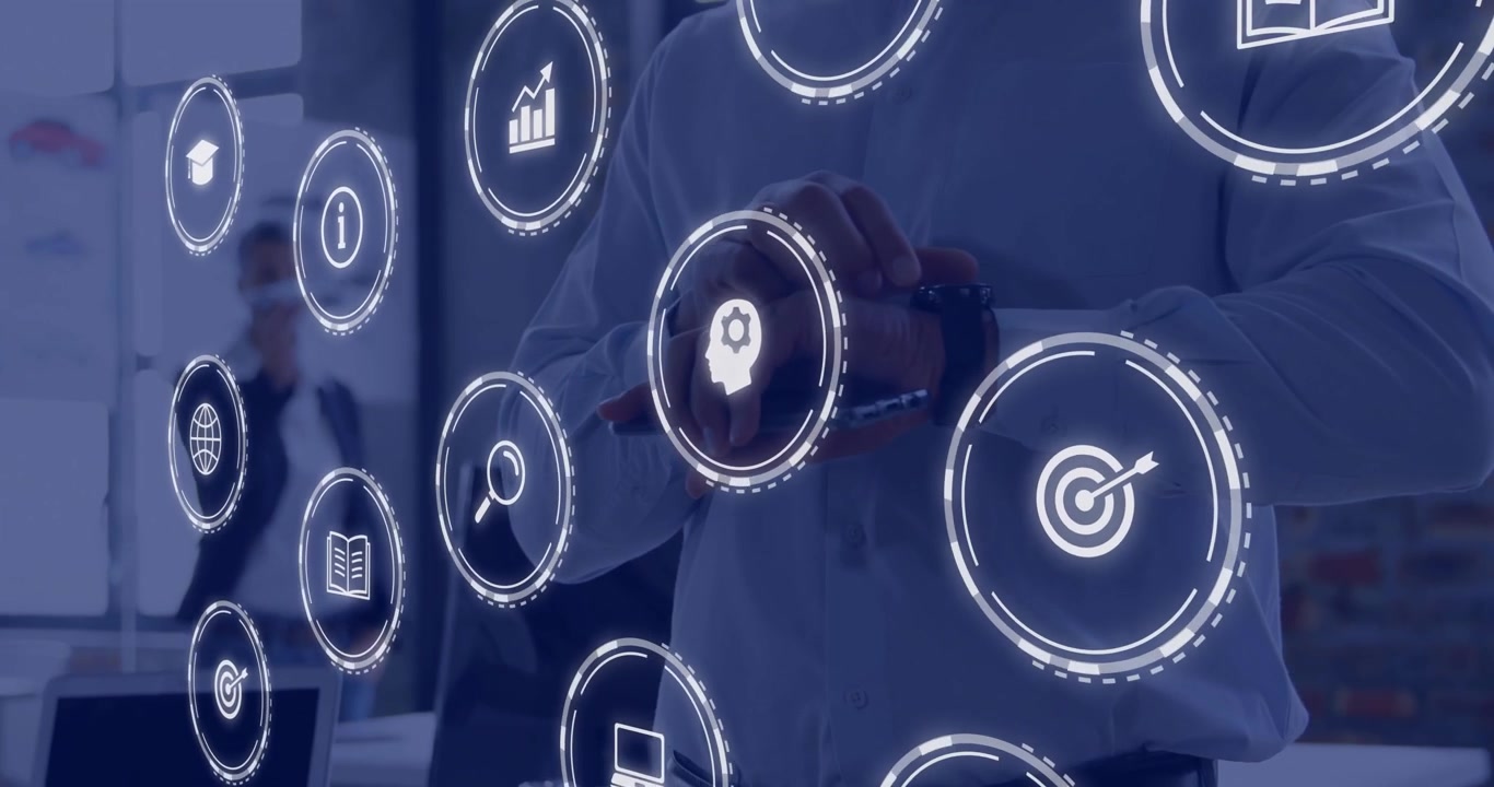Animazione di rete di connessioni con icone su uomo caucasico che usa lo smartphone