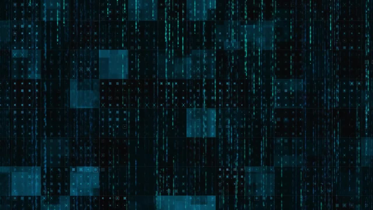 animación del procesamiento de datos y cuadrados sobre fondo negro