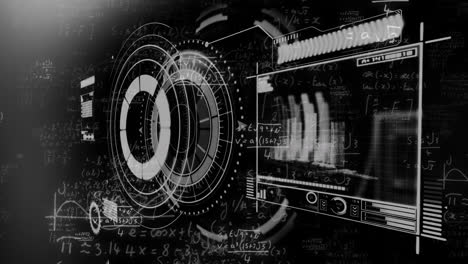 Animation-of-data-processing-over-mathematical-formulae-on-dark-background