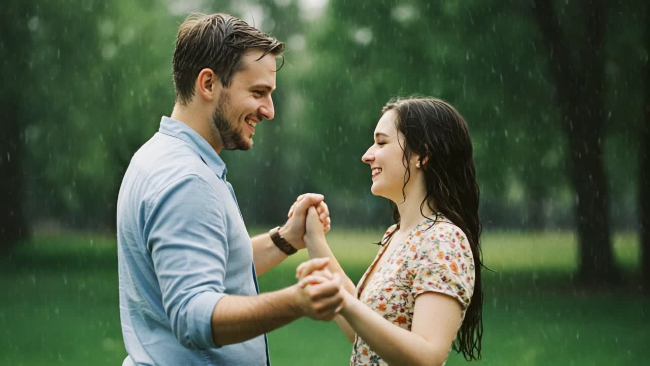 A Joyful Dance in the Rain: Capturing the Intimate Moments Between Two Lovers as They Share Laughter and Connection Amidst the Refreshing Summer Downpour