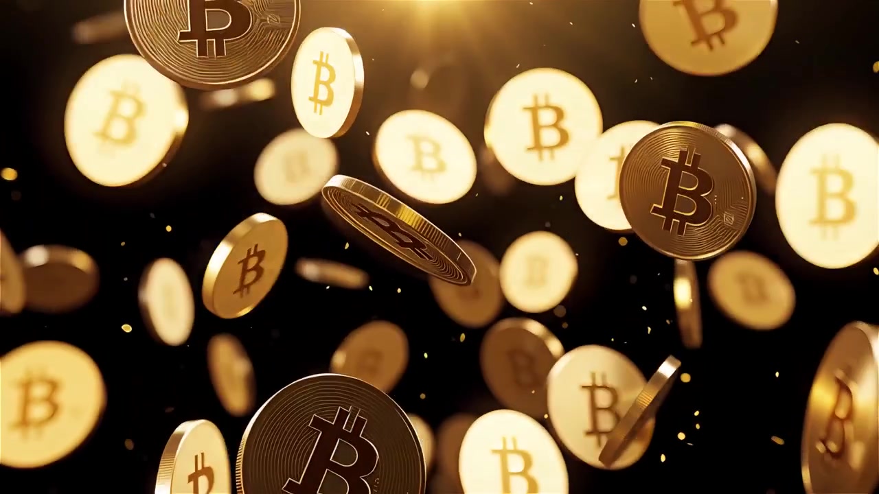 Bitcoin in rotazione su sfondo nero drammatico 4k