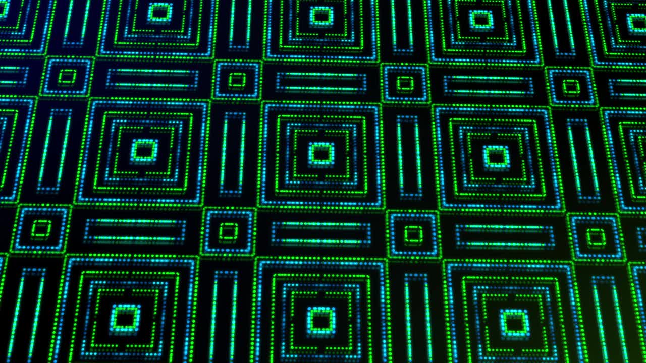ilustración animada luz brillando puntos verdes y azules y estrellas formas cuadradas.