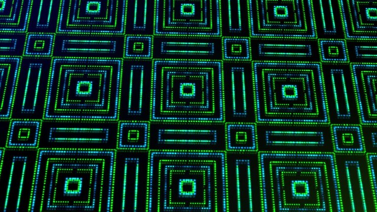 Animated illustration light shinning green and blue dots and stars square shapes.