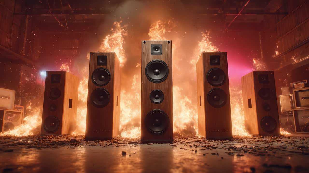 A dramatic scene featuring towering speakers engulfed in flames, creating a mesmerizing yet intense visual contrast with vibrant colors and atmospheric lighting that captivates the viewer's attention
