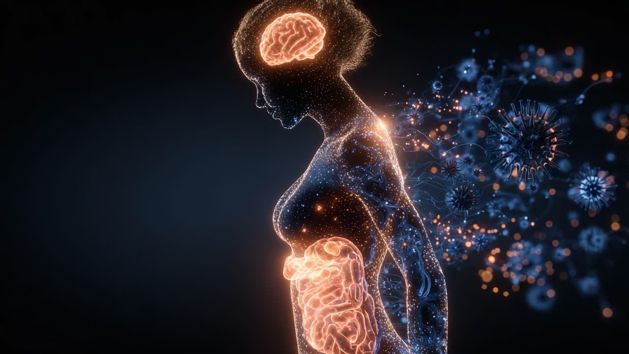 Een boeiende visuele weergave van het menselijk lichaam, die de ingewikkelde verbinding tussen de hersenen en lichaamssystemen illustreert door middel van gloeiende neurale patronen en biologische motieven.