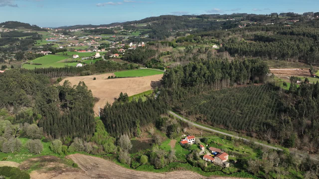Aerial View Of Countryside Fields And Forest In Arteixo, A Coru&ntilde;a, Spain