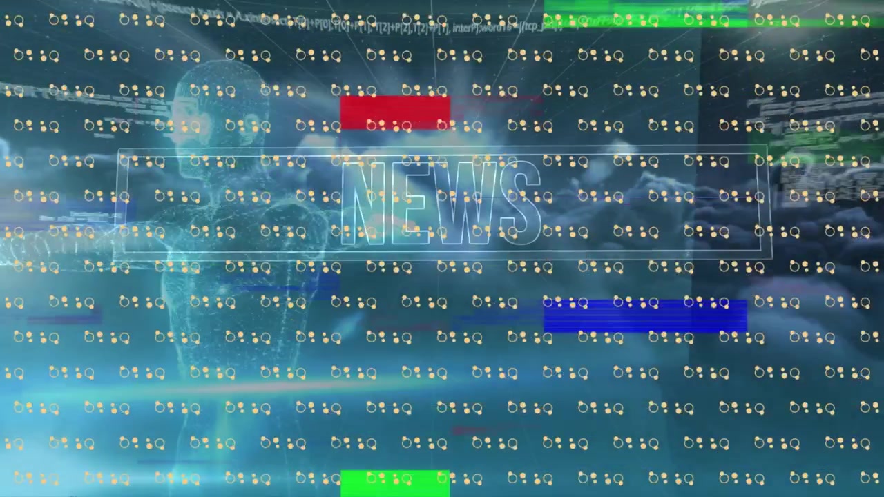 Animation of interference with human model and news text over sky with clouds