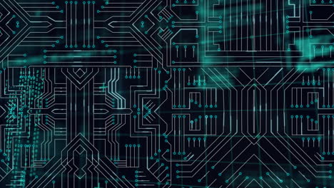 animación del procesamiento de datos sobre una placa de circuito de computadora sobre un fondo negro