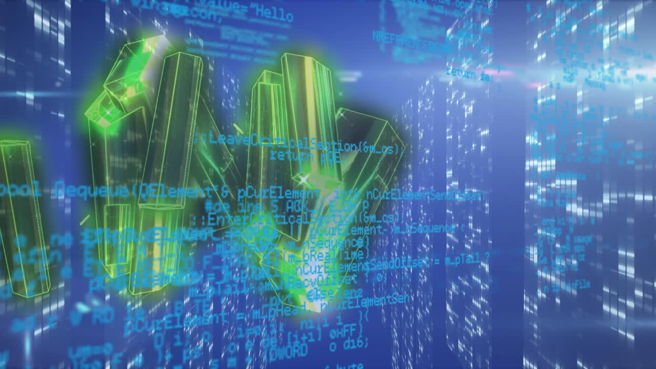 파란색 배경에 움직이는 모양의 애니메이션과 데이터 처리