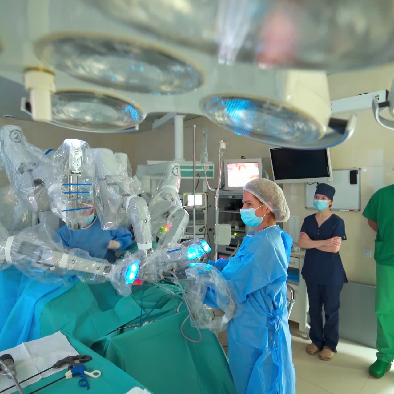 Medical innovation in operating room. Minimally invasive surgery with medical robotic machine in modern clinic. Operative process of futuristic robot