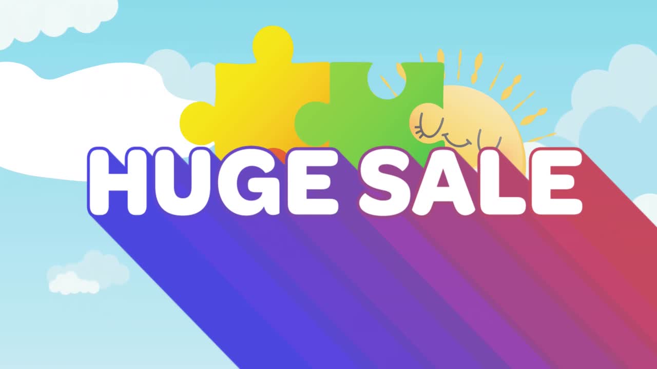 푸른 바탕에 있는 퍼즐 조각과 구름 위에 있는 거대한 판매 텍스트의 애니메이션.