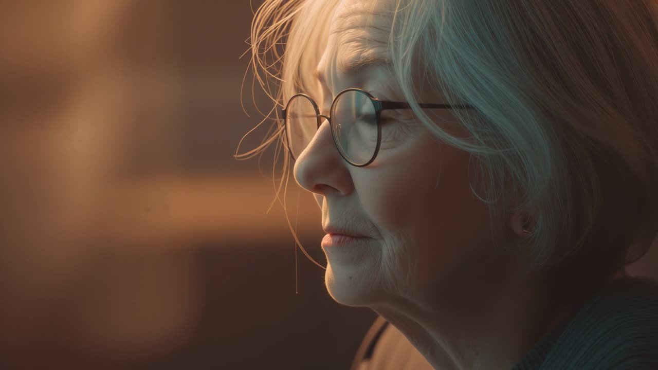 Tilting senior woman lowering gaze, warm lamp drawing pause at home, dark top, glasses, copy space
