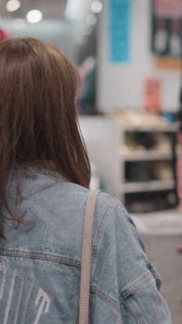 mother chooses schoolbag for preschooler kid in store. woman in denim jacket looks at backpacks on rack in children shop. customer does shopping