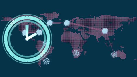 Animation-Der-Uhr-über-Ein-Netzwerk-Von-Verbindungen-Und-Eine-Weltkarte