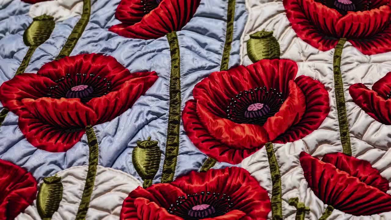 Close-up angle of vibrant red poppies on a textured quilt, showcasing intricate embroidery