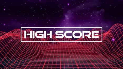 animation of high score text over digital mountains on black background