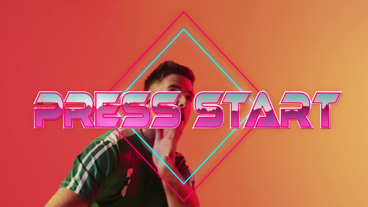 Press Start text animation over man gesturing on orange background
