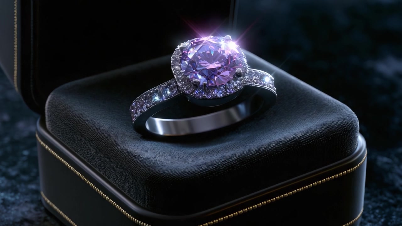 Utsøkt lilla forlovelsesring elegant utstilt i en svart fløyelsboks med glitrende diamanter, som fanger essensen av luksus og evig kjærlighet i et fantastisk visuelt uttrykk.