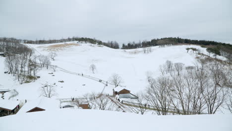 Personas-Que-Visitan-La-Granja-De-Ovejas-Daegwallyeong-Cubierta-De-Nieve-En-Pyeongchang,-Corea-Del-Sur