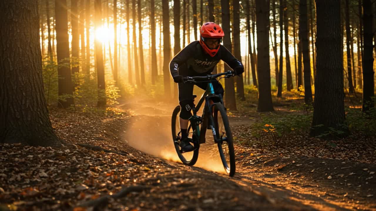 Mountain Biker on a Forest Trail at Sunset