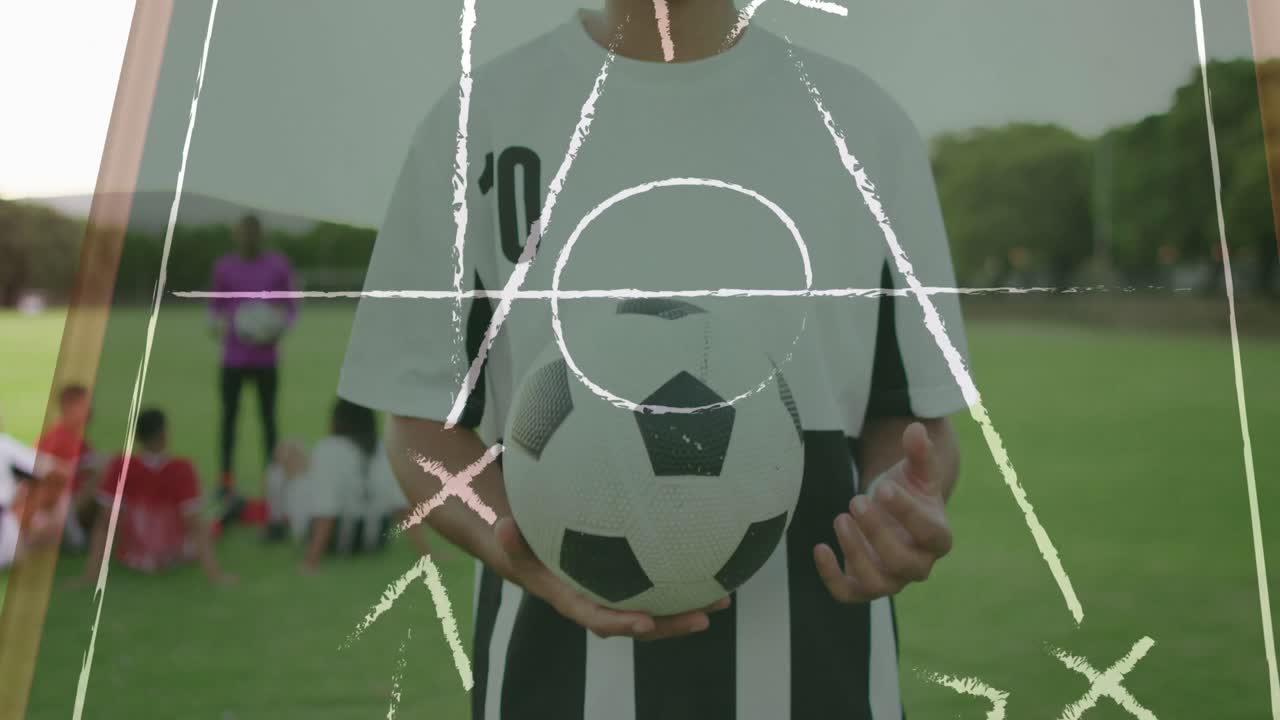 Animazione di schemi di gioco su diversi giocatori di calcio allo stadio