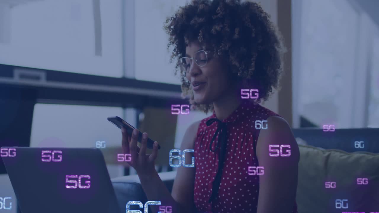 Animation of 6g texts over african american woman using smartphone