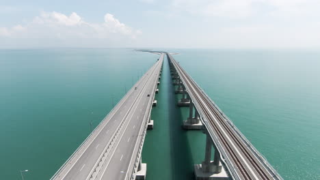 aerial view of a long bridge over water