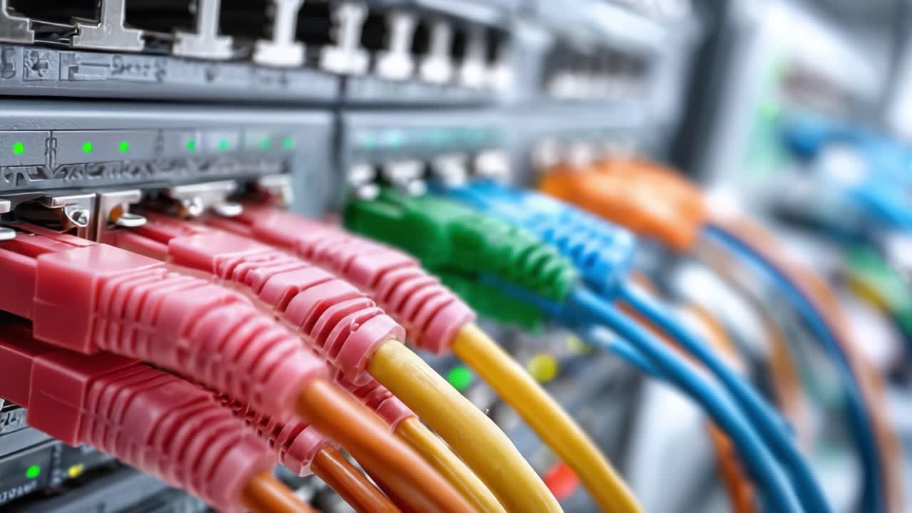 A Close-Up View of Network Cables Connected to a Server, Highlighting the Color-Coded Organization Essential for Efficient Data Transmission and Network Management