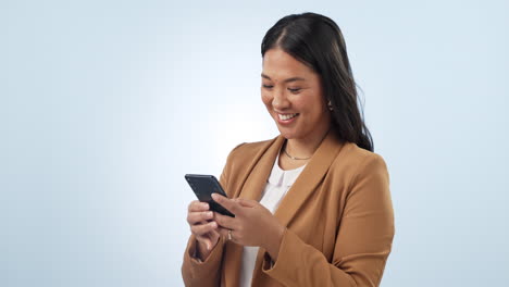 Happy,-typing-and-woman-with-a-smartphone