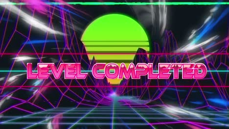 Animation-of-the-words-Level-Completed-written-in-pink-metallic-letters