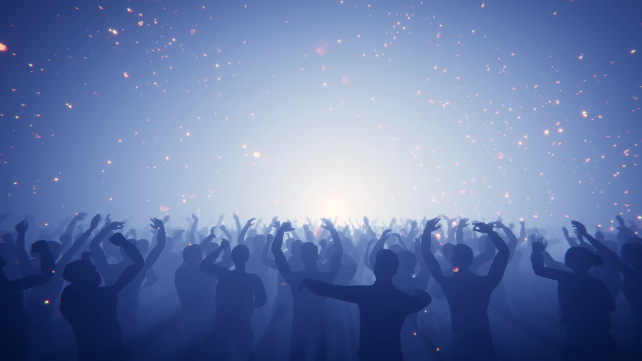 きらめく光の中で歓声を上げるコンサートの群衆のシルエット