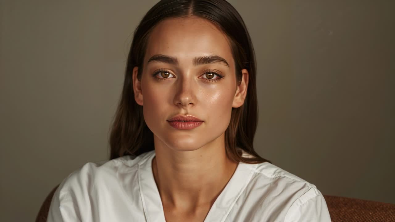 Una modella si muove, spostando testa e sguardo su indicazione della telecamera in uno studio, indossando una maglietta bianca con scollo a V; presente una sedia marrone.
