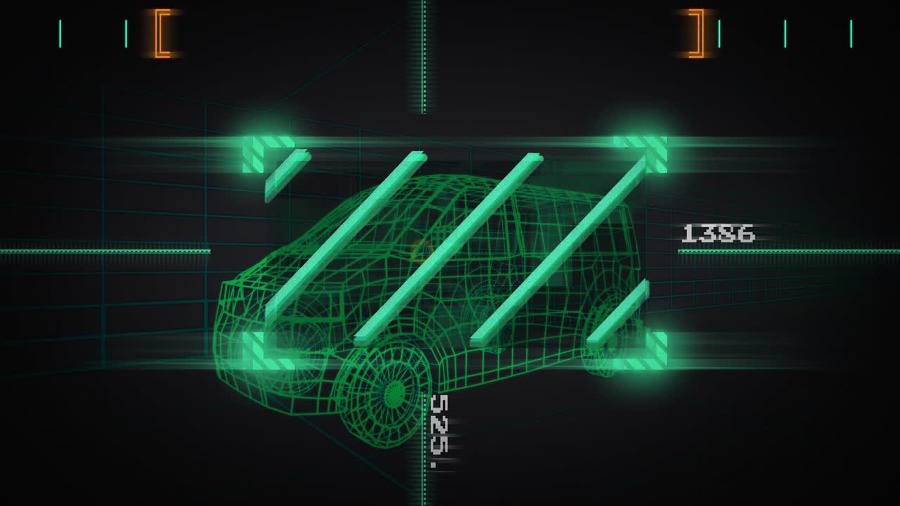 Upon activation, 3D wireframe van undergoing diagonal beam scanning with values updating to inspect